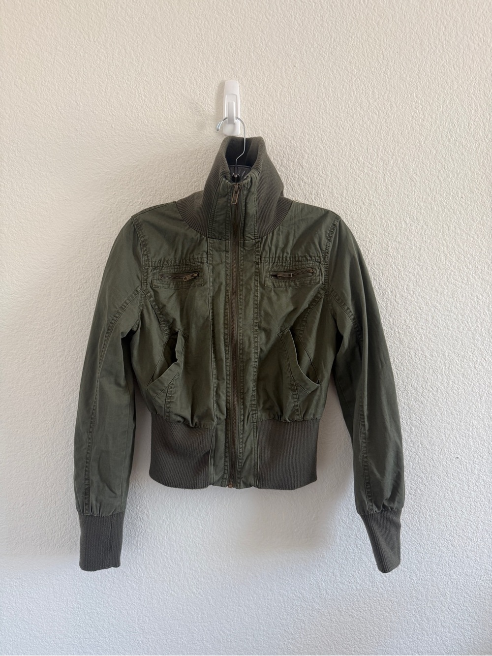 Funnel Neck Olive Green Waist Cinching Cropped Bomber Jacket